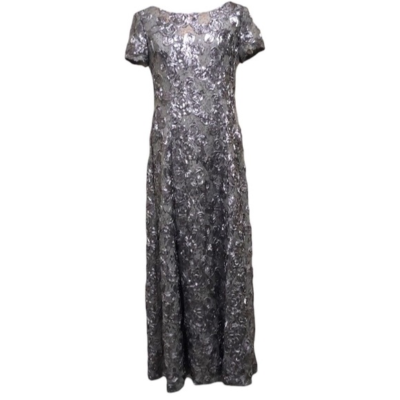 NWT Alex Evenings Gown Formal Maxi Dress Size 12 Gray Sequin Floral Rosette - Picture 1 of 11